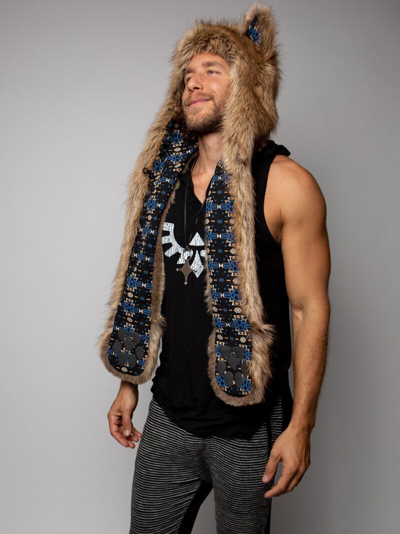 Man wearing faux fur Collector Edition Coyote SpiritHood, side view 2