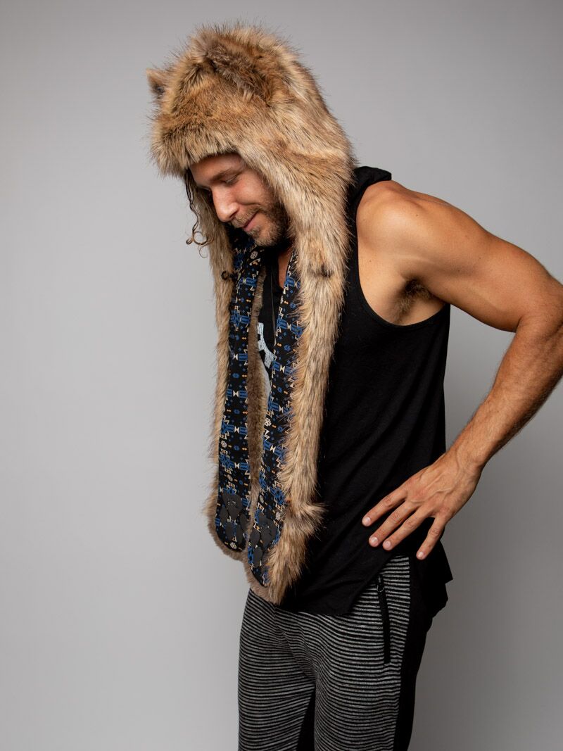 Man wearing faux fur Collector Edition Coyote SpiritHood, side view 4