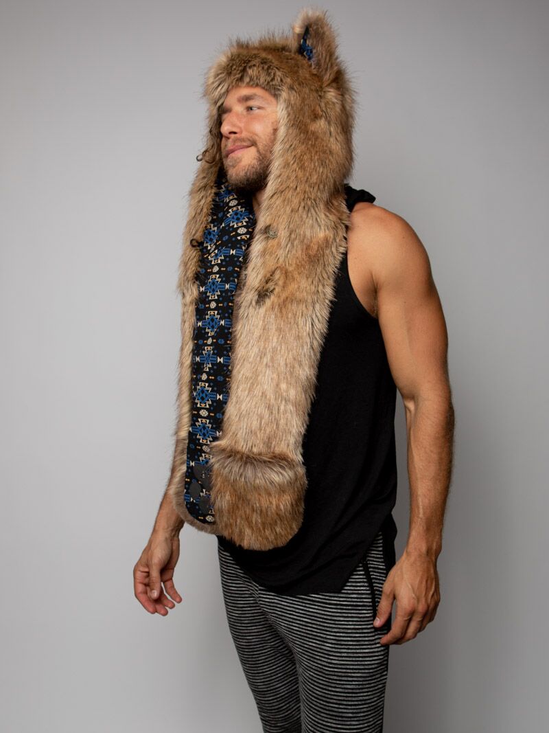 Man wearing faux fur Collector Edition Coyote SpiritHood, side view 3
