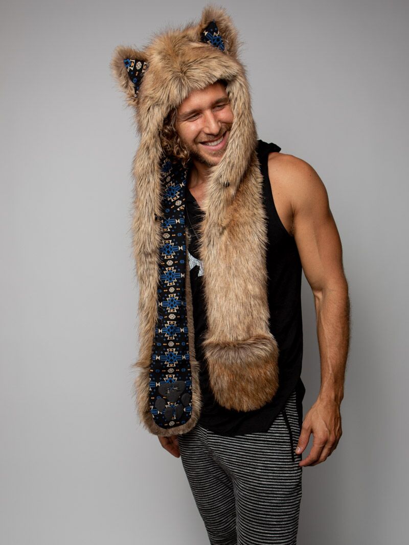 Man wearing faux fur Collector Edition Coyote SpiritHood, front view 2