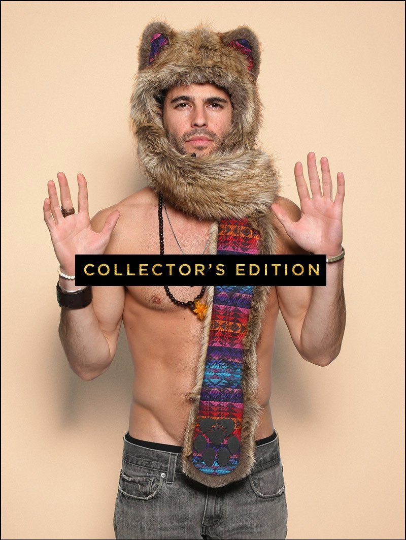 Man wearing faux fur Collectors Edition Coyote SpiritHood