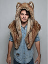 Man wearing SpiritHood Coyote Faux Fur Shawl, front view 2