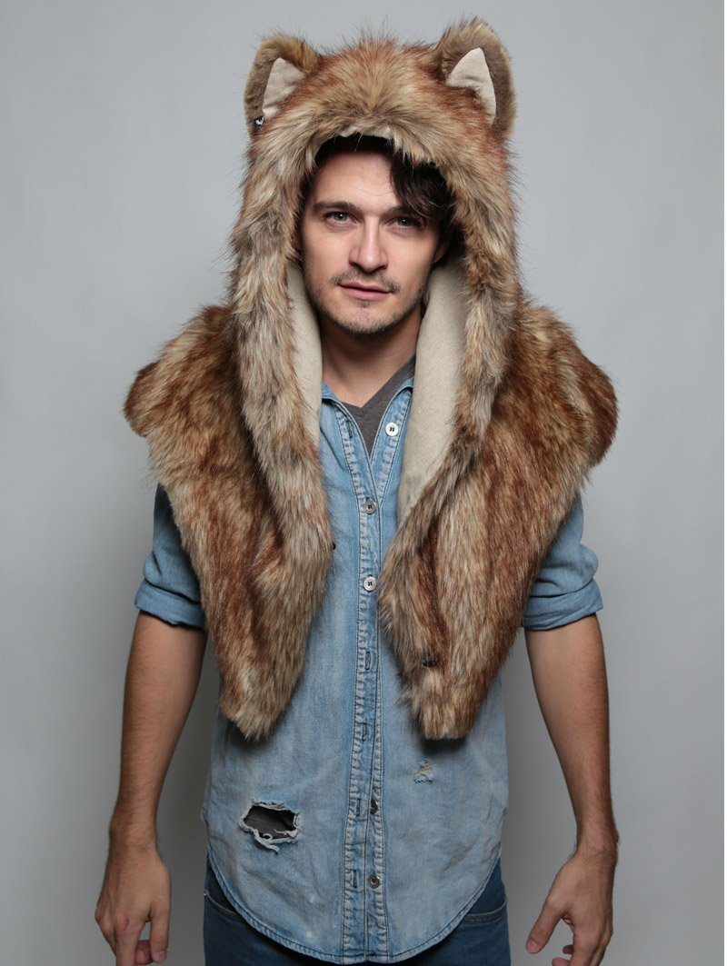 Man wearing SpiritHood Coyote Faux Fur Shawl, front view 2