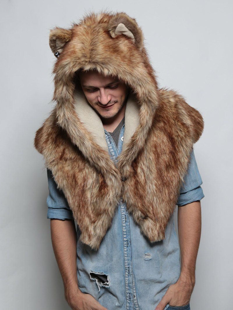 Man wearing SpiritHood Coyote Faux Fur Shawl, front view 1