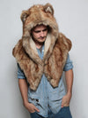 Man wearing SpiritHood Coyote Faux Fur Shawl, front view 4