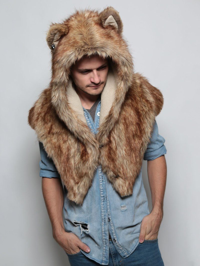 Man wearing SpiritHood Coyote Faux Fur Shawl, front view 4
