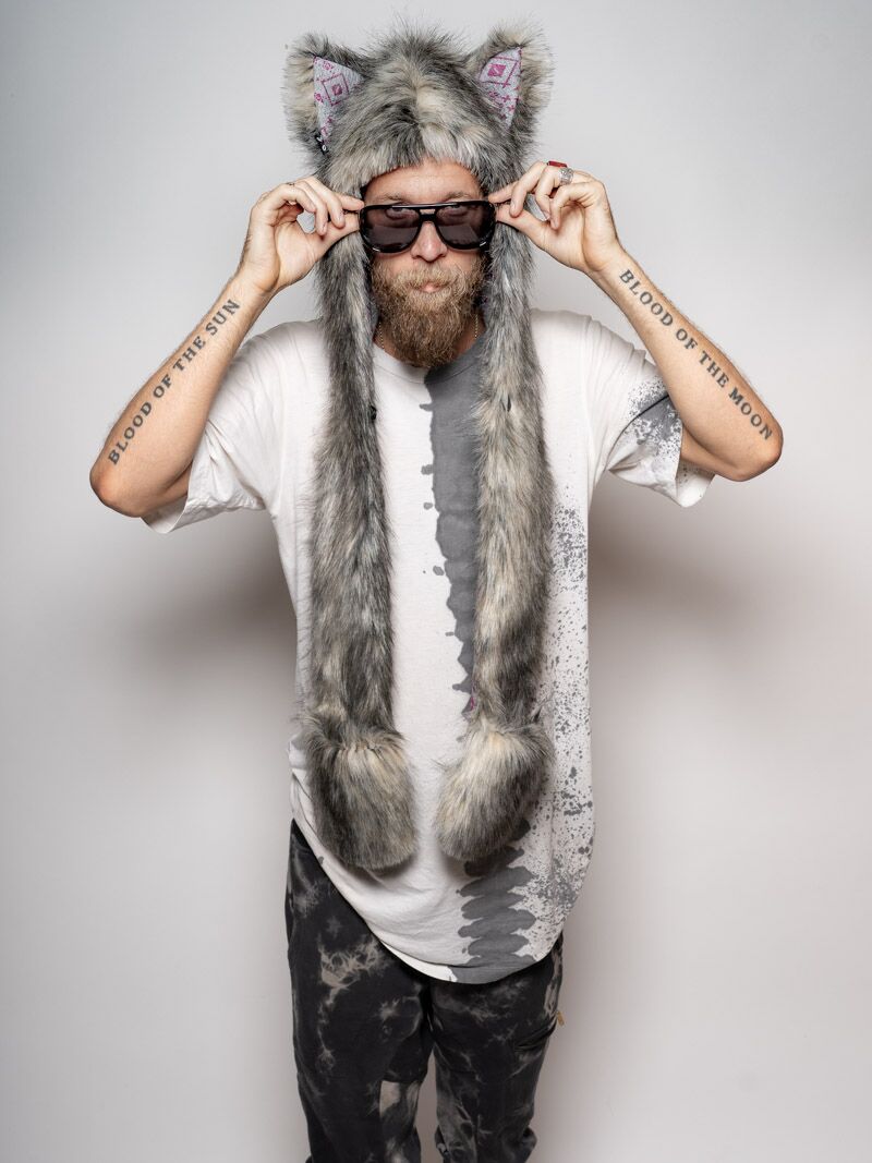 Man wearing faux fur Collector Edition Eurasian Wolf SpiritHood, front view 1