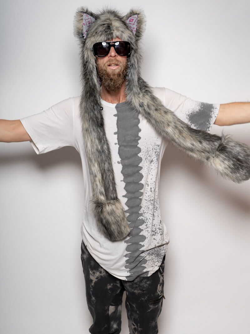 Man wearing faux fur Collector Edition Eurasian Wolf SpiritHood, front view 7
