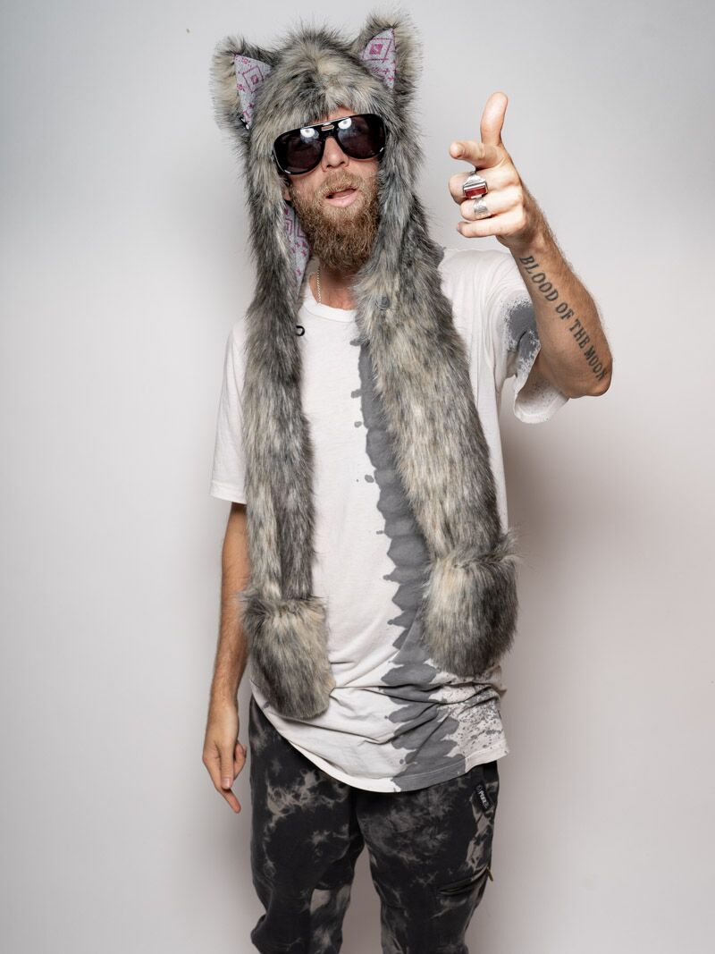 Man wearing faux fur Collector Edition Eurasian Wolf SpiritHood, front view 4
