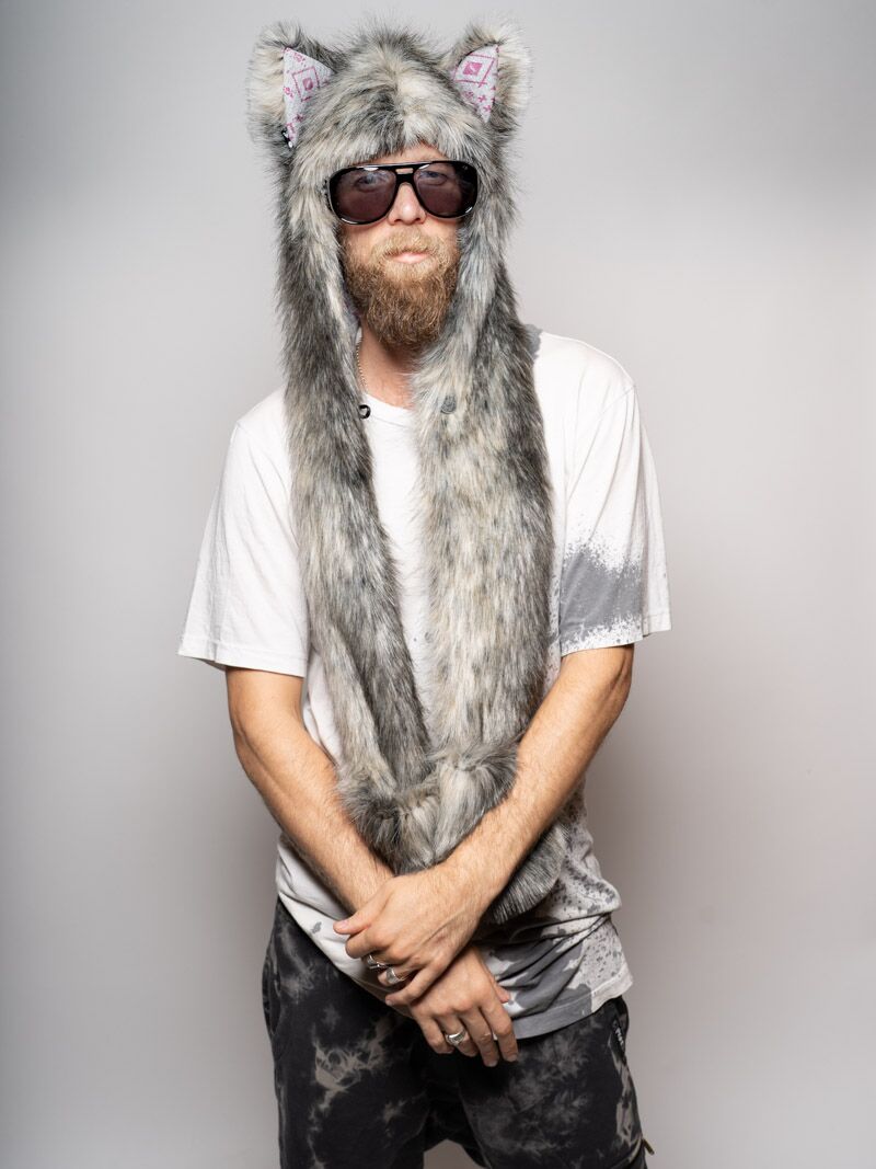Man wearing faux fur Collector Edition Eurasian Wolf SpiritHood, front view 5