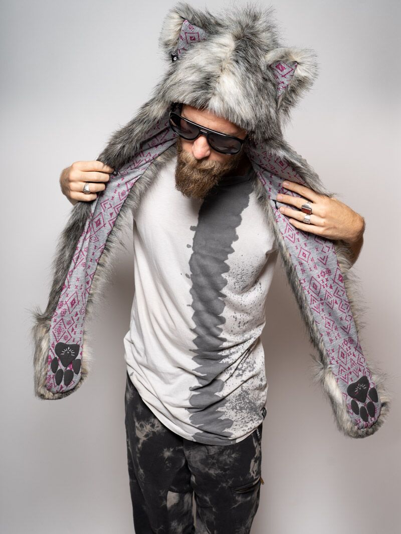 Man wearing faux fur Collector Edition Eurasian Wolf SpiritHood, front view 2