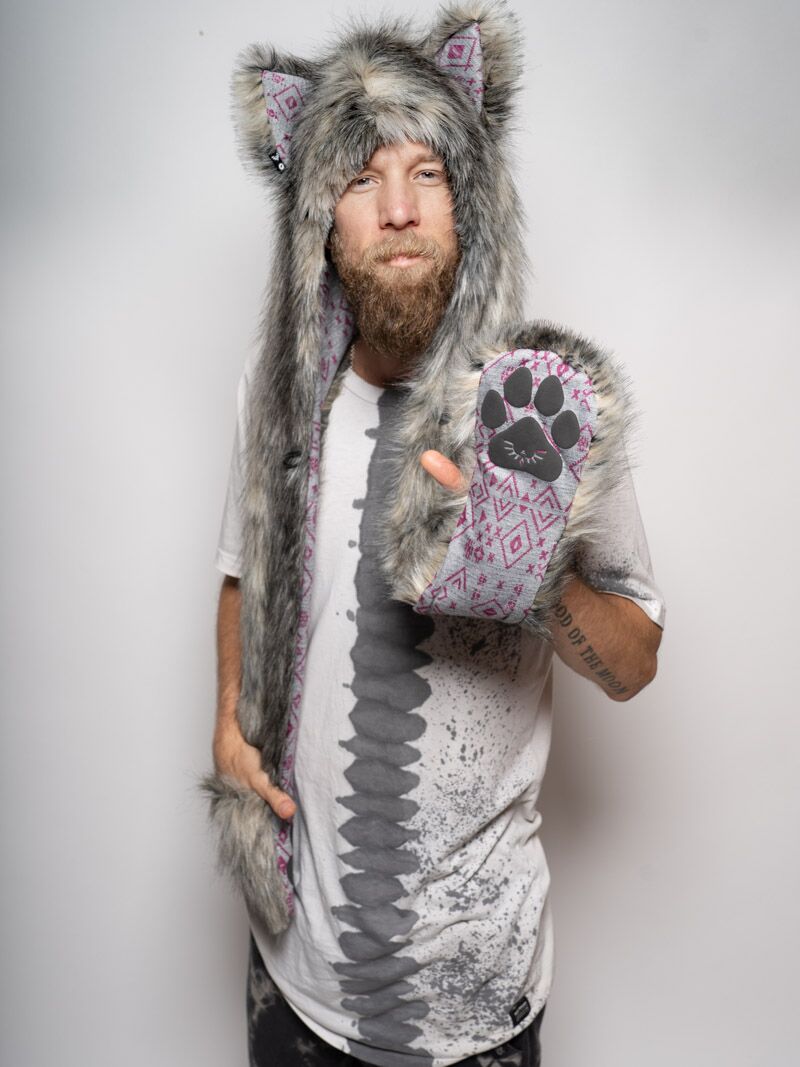 Man wearing faux fur Collector Edition Eurasian Wolf SpiritHood, front view 3