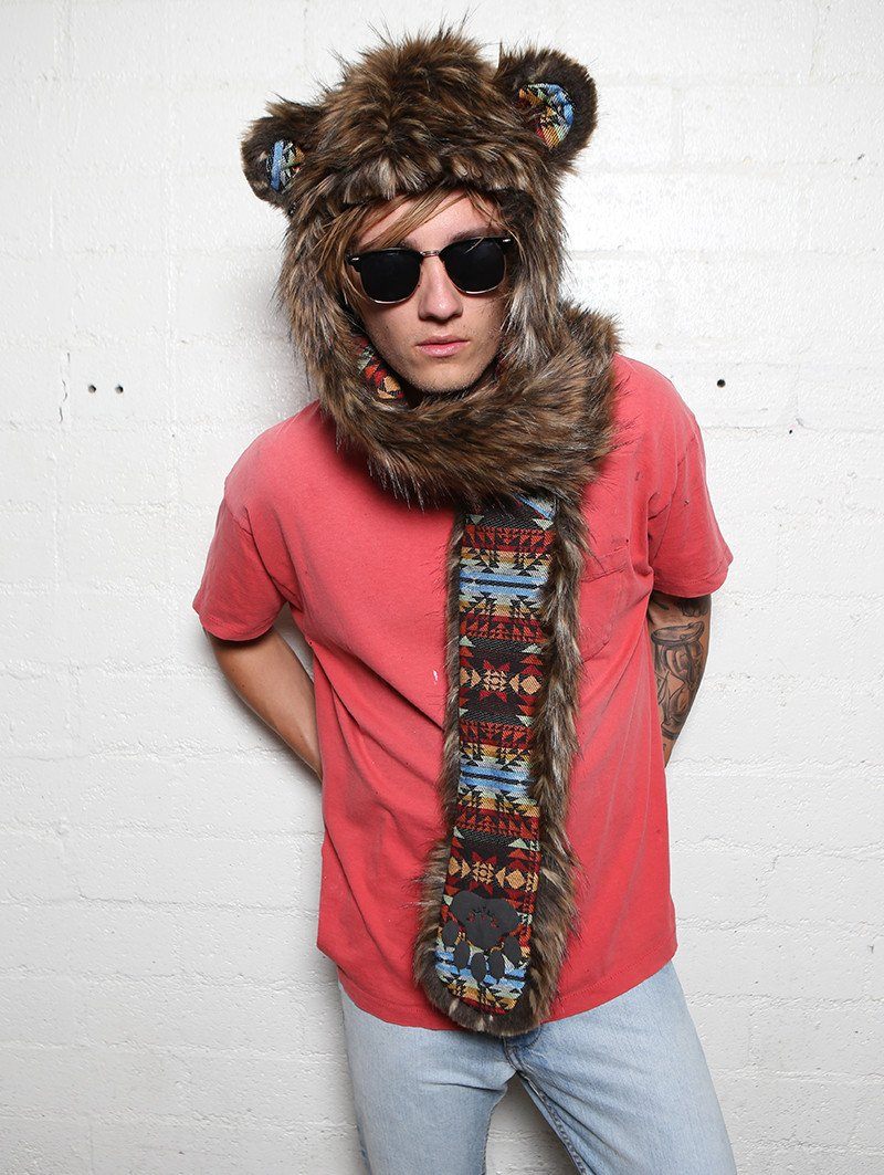 Man wearing faux fur Grizzly Bear Collectors Edition SpiritHood, front view 2