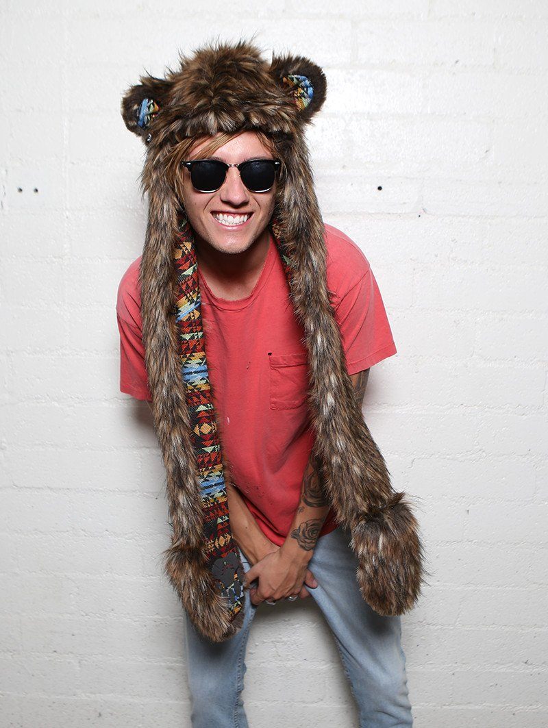 Man wearing faux fur Grizzly Bear Collectors Edition SpiritHood, front view