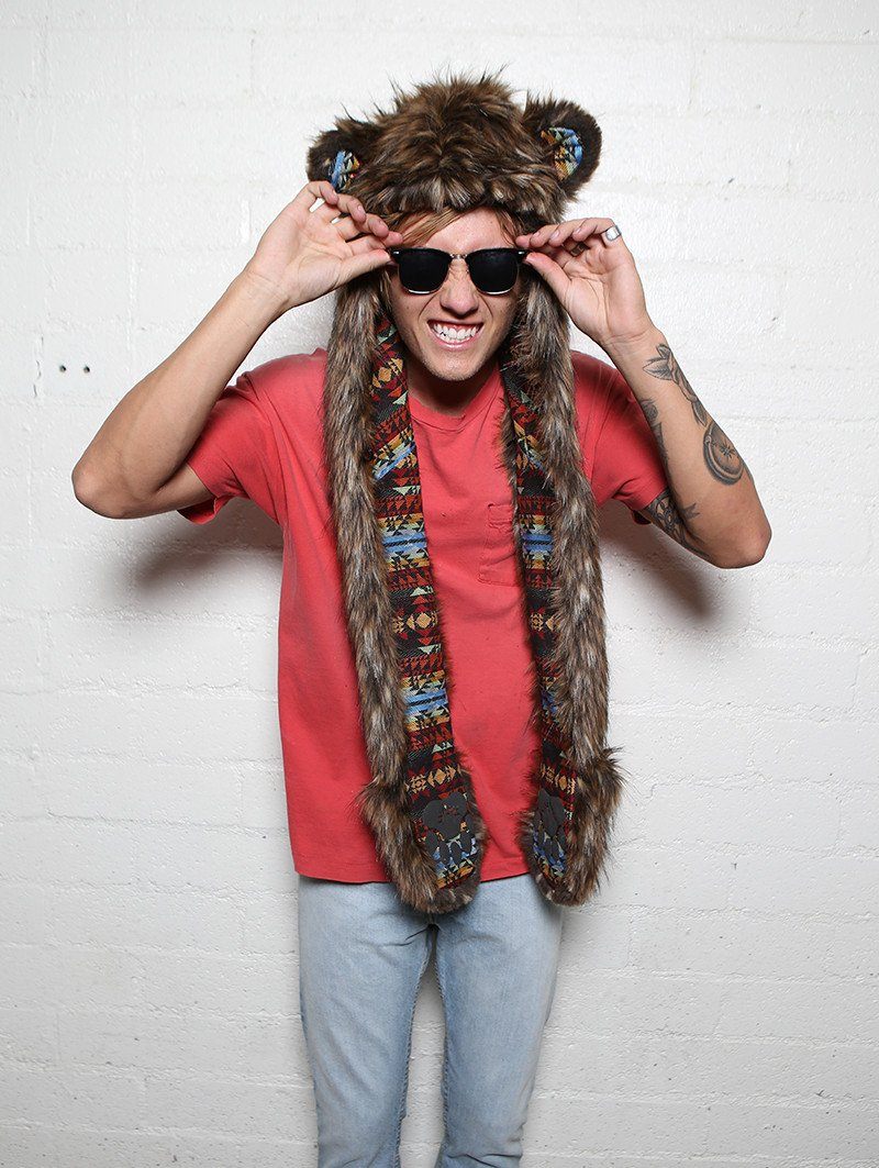 Man wearing faux fur Grizzly Bear Collectors Edition SpiritHood