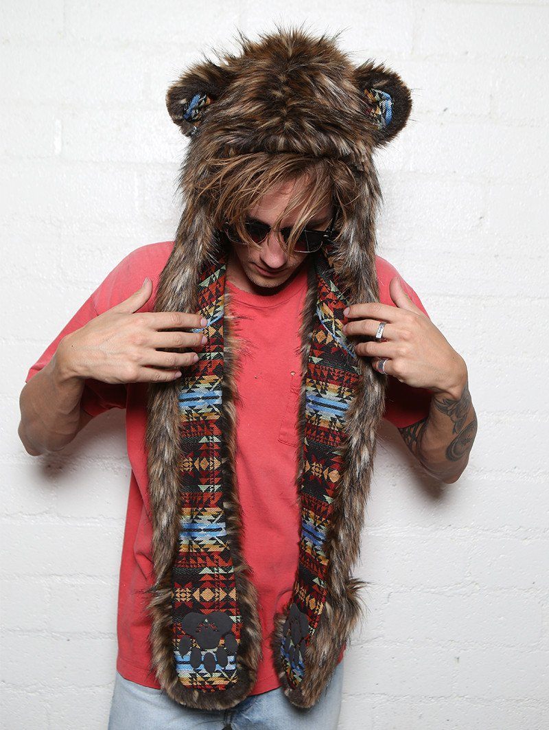Man wearing faux fur Grizzly Bear Collectors Edition SpiritHood, front view 3