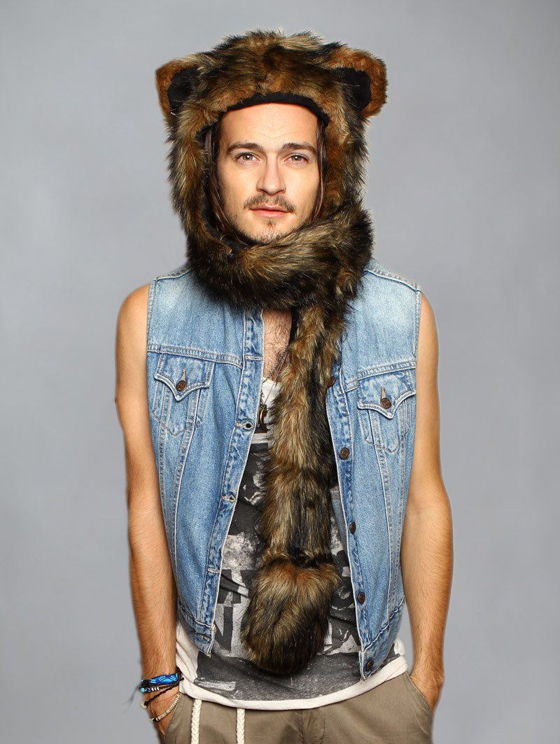 Man wearing faux fur Grizzly Bear SpiritHood, front view 