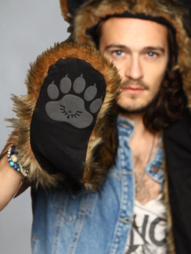 Man wearing faux fur Grizzly Bear SpiritHood, front view 1