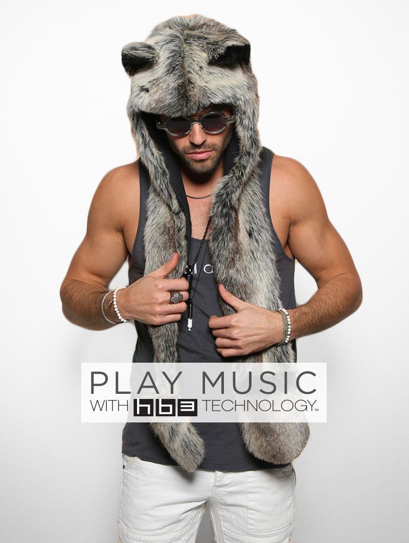 Man wearing faux fur Grey Wolf SpiritHood HB3, front view 1