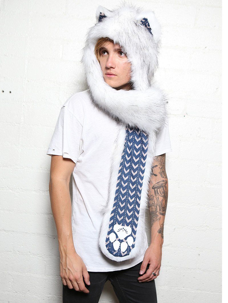 Man wearing faux fur Husky Arrows SpiritHood