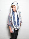 Man wearing faux fur Husky Arrows SpiritHood, side view
