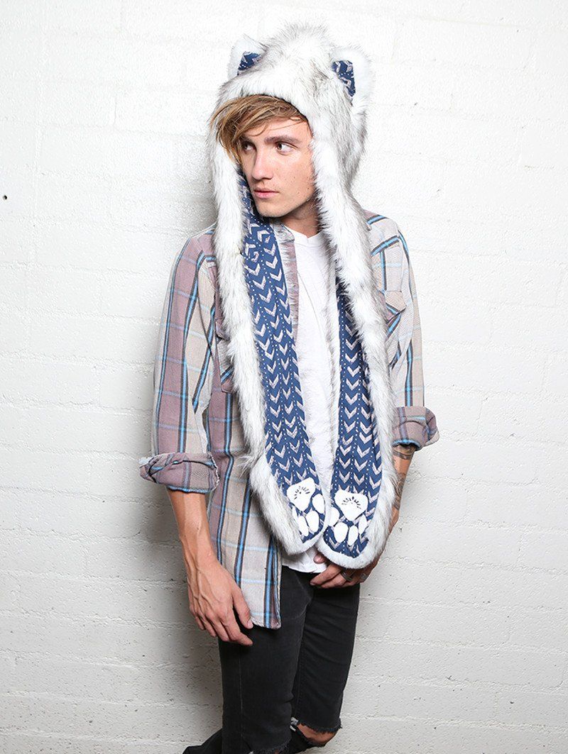 Man wearing faux fur Husky Arrows SpiritHood, side view