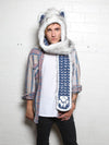 Man wearing faux fur Husky Arrows SpiritHood, front view