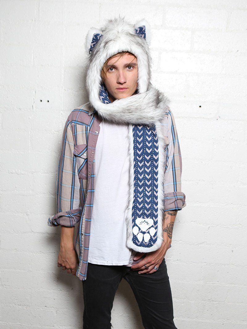 Man wearing faux fur Husky Arrows SpiritHood, front view