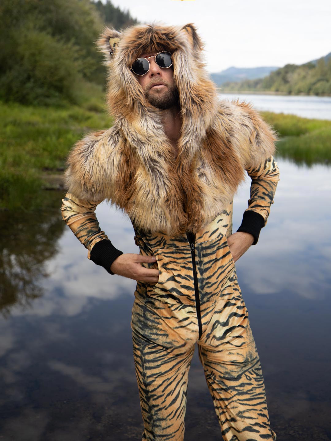 Man wearing Liger Velvet Classic Faux Fur Animal Onesie, front view 2