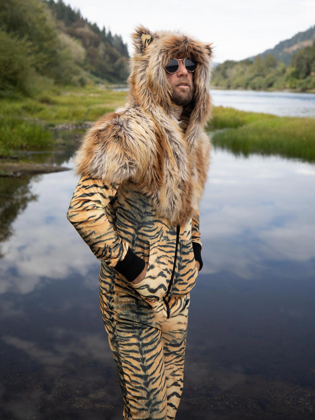Man wearing Liger Velvet Classic Faux Fur Animal Onesie, side view 3