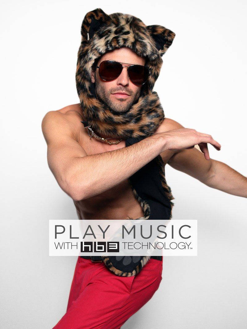 Man wearing faux fur Leopard HB3 SpiritHood, front view
