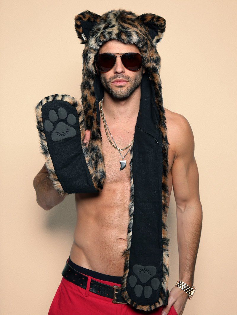 Man wearing faux fur Leopard HB3 SpiritHood, front view 1
