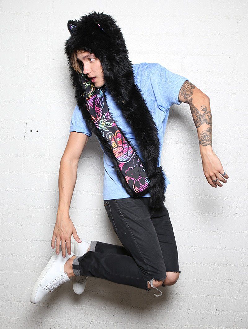 Man wearing FauxEva Funky Black Wolf Faux Fur SpiritHood