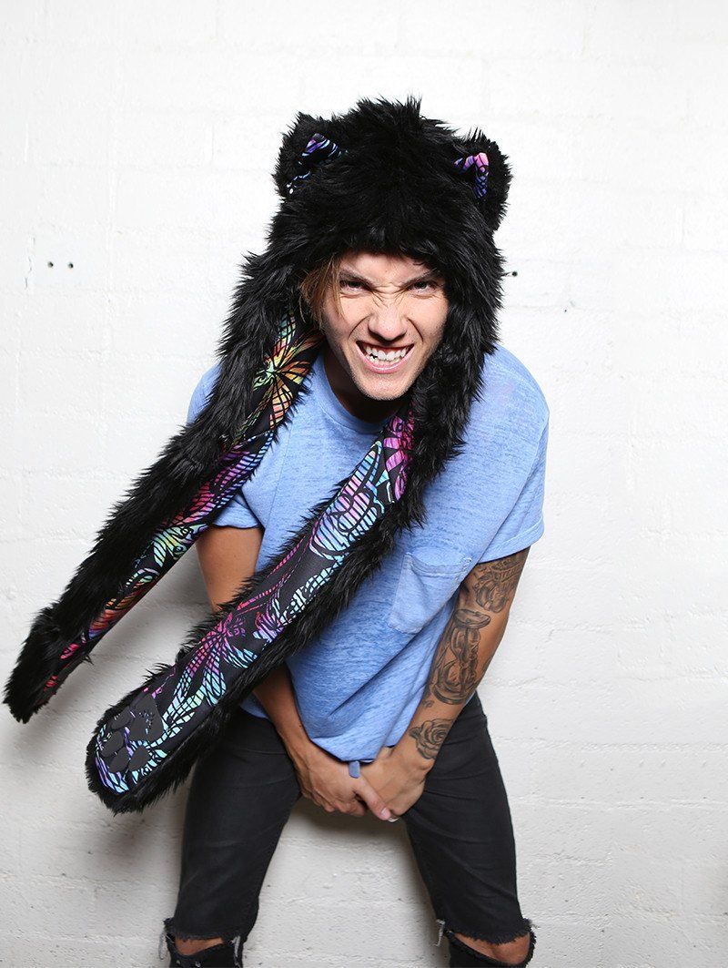 Man wearing FauxEva Funky Black Wolf Faux Fur SpiritHood, front view
