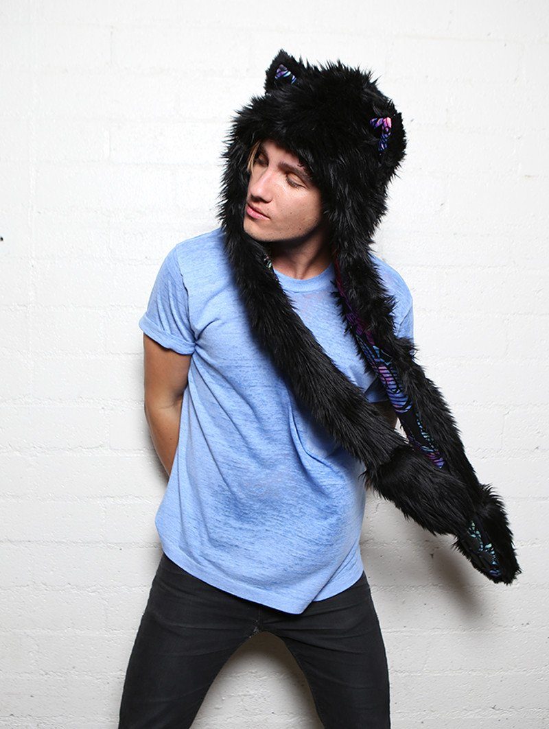 Man wearing FauxEva Funky Black Wolf Faux Fur SpiritHood, side view