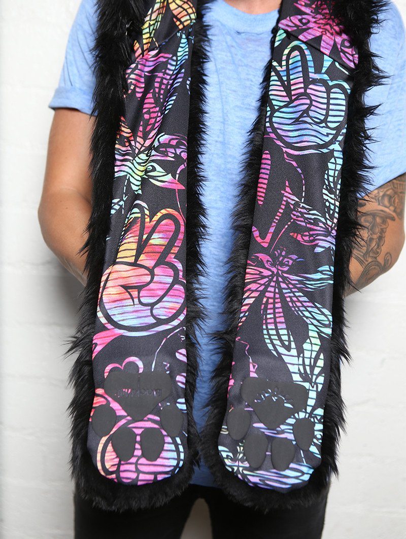 Man wearing FauxEva Funky Black Wolf Faux Fur SpiritHood, front view 1