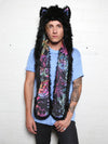 Man wearing FauxEva Funky Black Wolf Faux Fur SpiritHood, front view 2