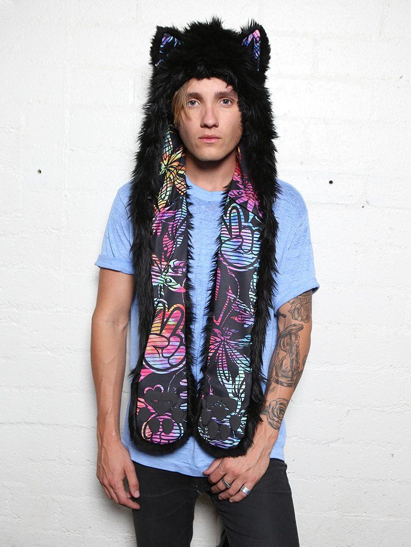 Man wearing FauxEva Funky Black Wolf Faux Fur SpiritHood, front view 2