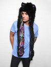 Man wearing FauxEva Funky Black Wolf Faux Fur SpiritHood, side view 1