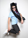 Man wearing FauxEva Funky Black Wolf Faux Fur SpiritHood, side view 2