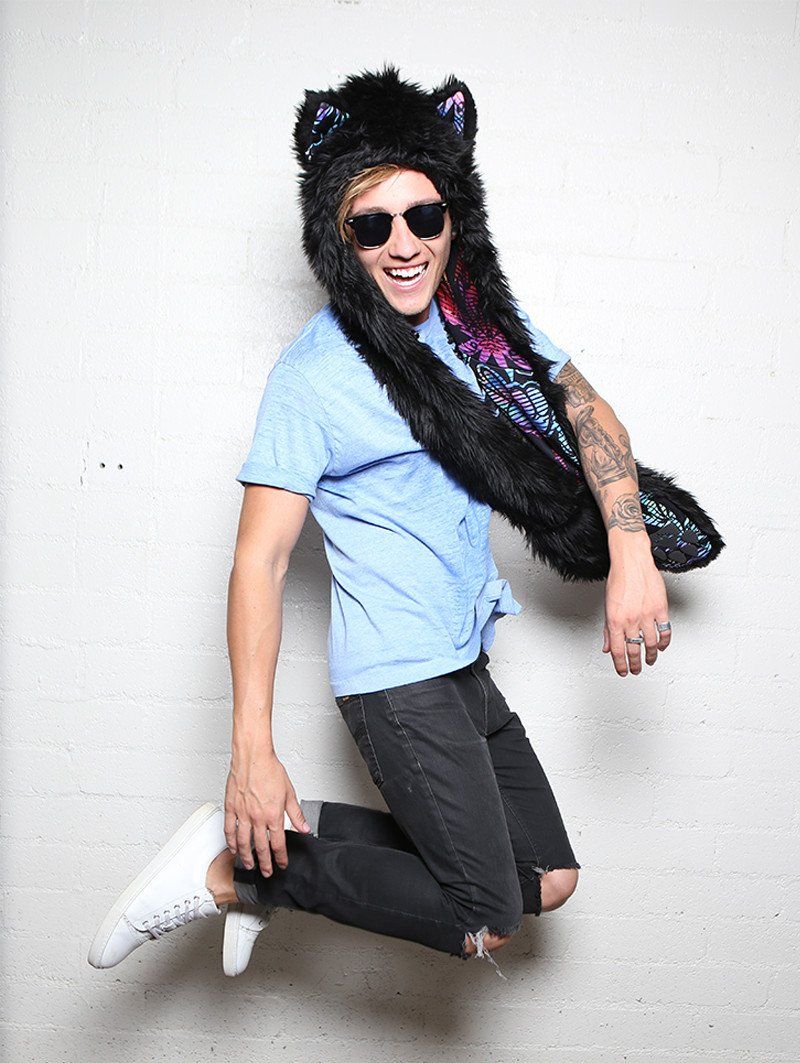 Man wearing FauxEva Funky Black Wolf Faux Fur SpiritHood, side view 2