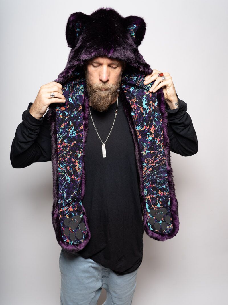 Man wearing faux fur Collector Edition Midnight Wolf SpiritHood, front view 1