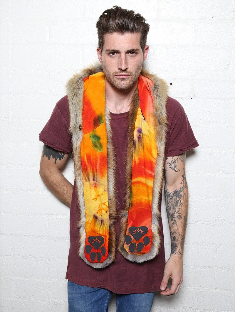 Man wearing faux fur Sun Kissed Red Fox Collector SpiritHood, front view 1