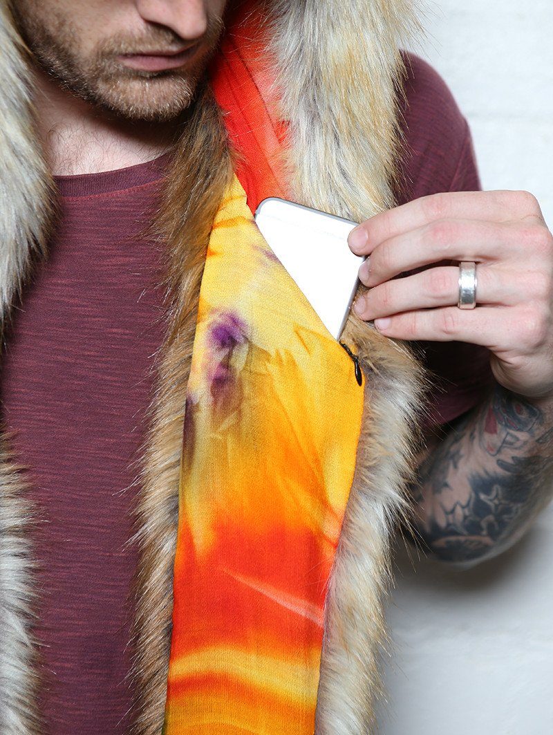 Man wearing faux fur Sun Kissed Red Fox Collector SpiritHood, front view 4