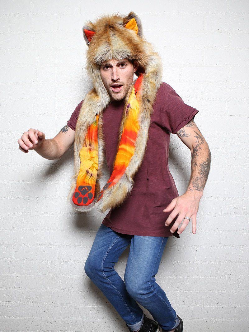 Man wearing faux fur Sun Kissed Red Fox Collector SpiritHood, side view