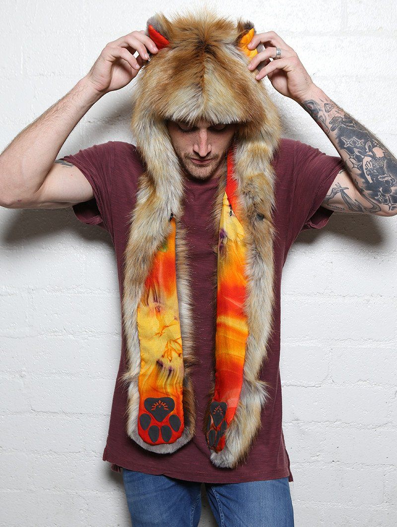 Man wearing faux fur Sun Kissed Red Fox Collector SpiritHood, front view