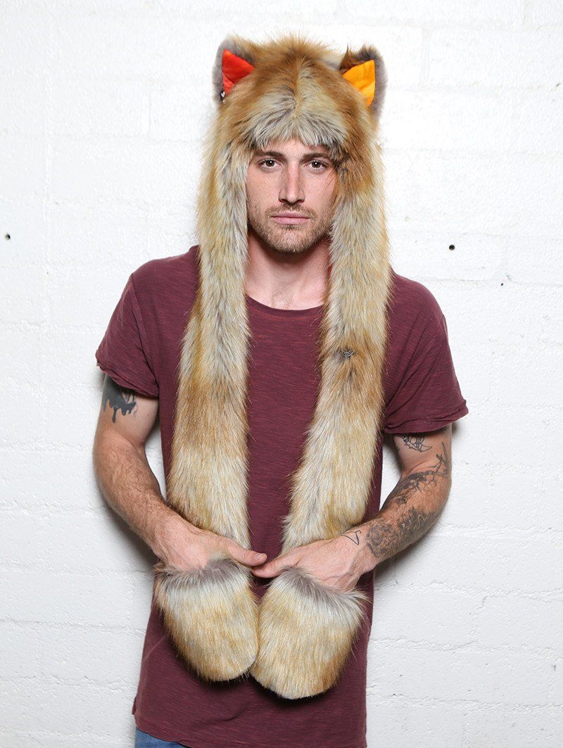 Man wearing faux fur Sun Kissed Red Fox Collector SpiritHood, front view 2