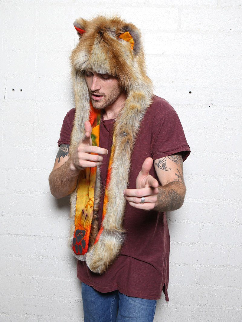 Man wearing faux fur Sun Kissed Red Fox Collector SpiritHood, side view 1