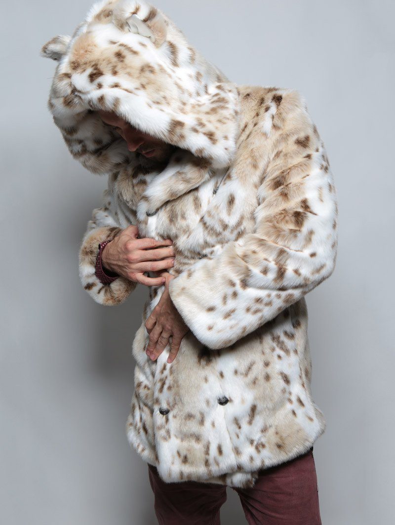 Brown and White Classic Siberian Snow Leopard Faux Fur Coat on Male