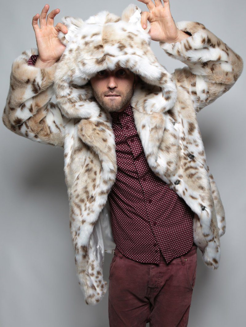 Snow Leopard Men's Long Faux Fur Coat | SpiritHoods S / ivory/beige/brown/white